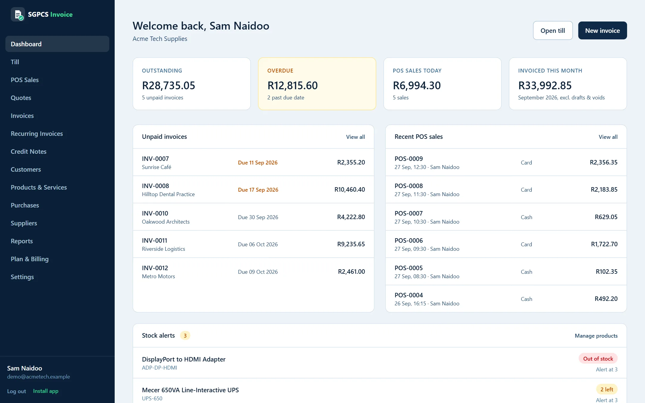 The SGPCS Invoice dashboard with outstanding invoices, till sales and stock alerts