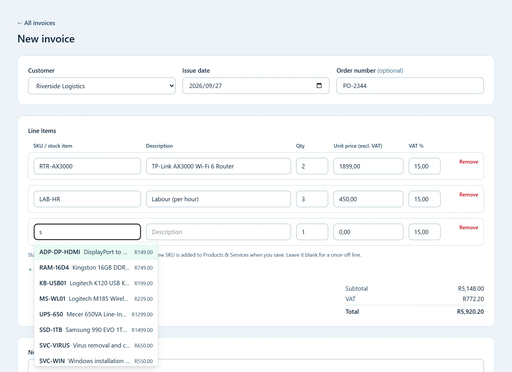 Creating a new invoice in SGPCS Invoice, with the stock search open