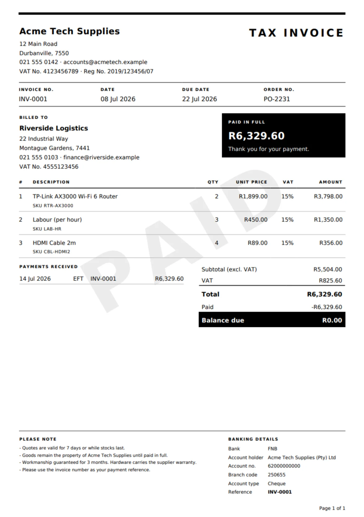 A paid tax invoice PDF made with SGPCS Invoice