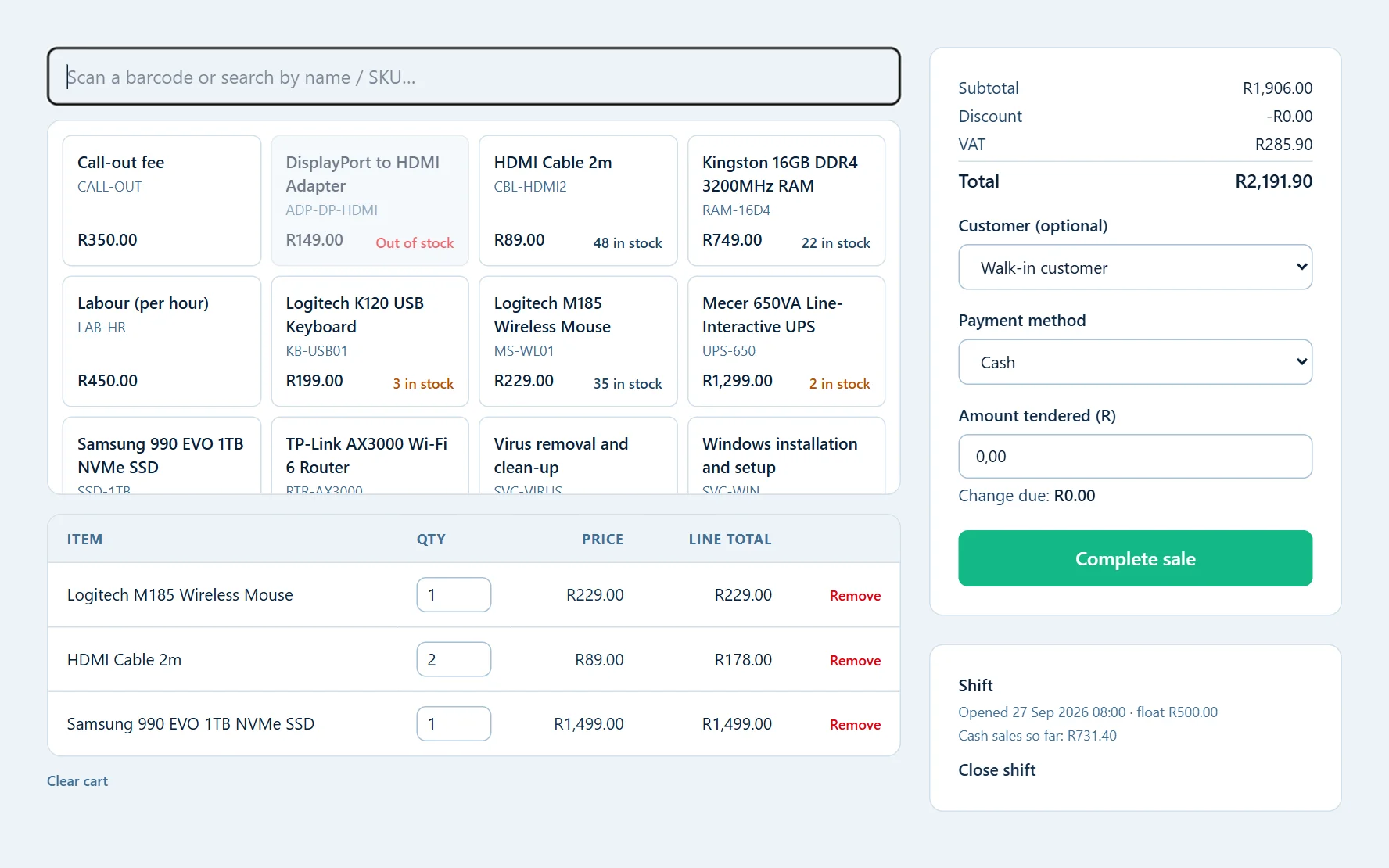 The SGPCS Invoice till screen with products and a sale in progress