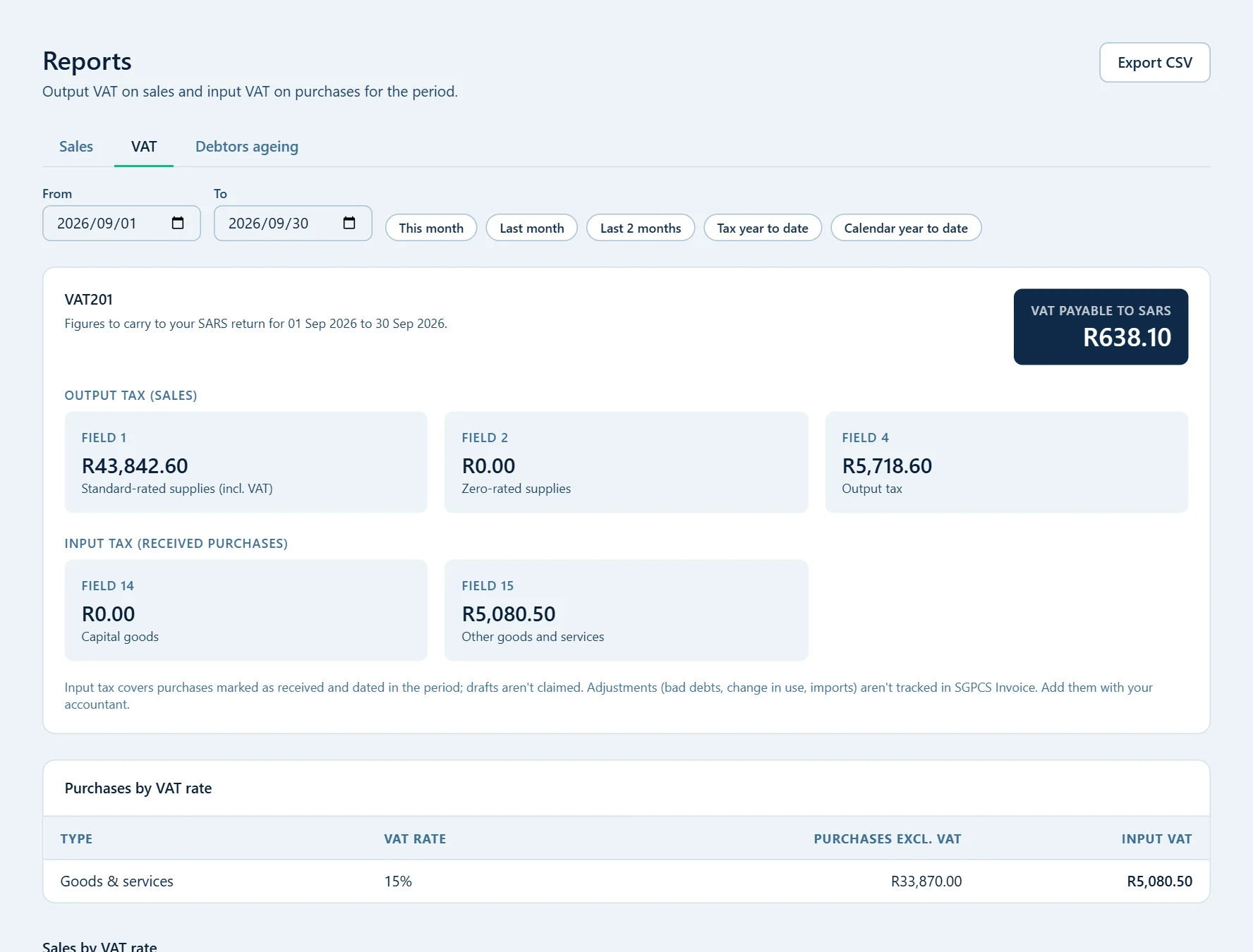 The VAT report showing VAT201 figures